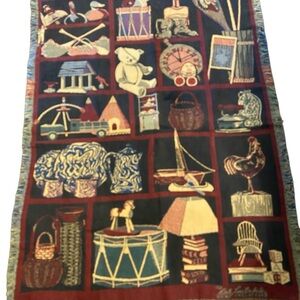 Vintage Bob Timberlake Toy Teddy bear Bookshelf Fringe Tapestry Throw Blanket
